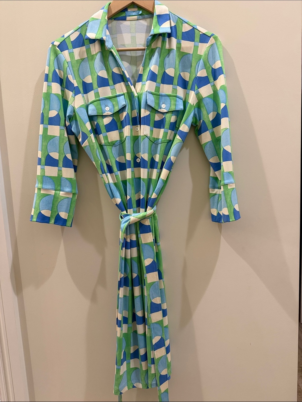 J McLaughlin Brynn Shirt Dress in Geo print Blue & Green